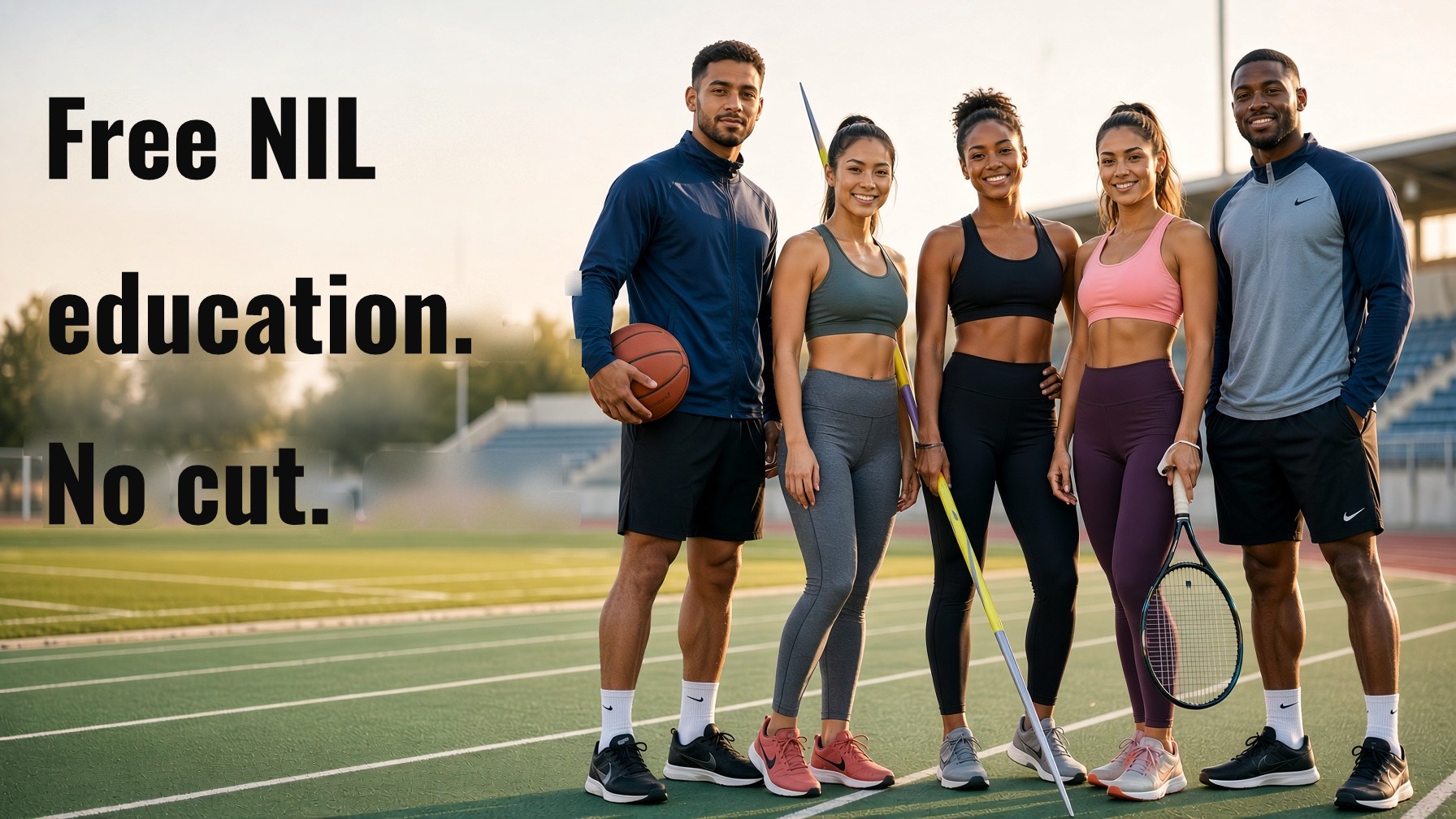 Free NIL education. No cut. Five student-athletes from different sports stand together on a track.